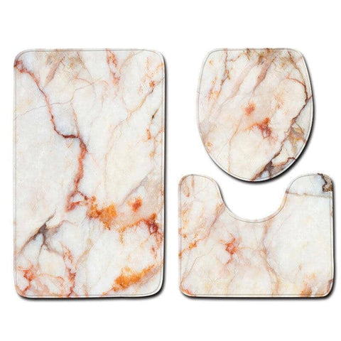 3 Piece Anti-Slip Bathroom Mat Set with Toilet Lid Cover - White and Orange Marble