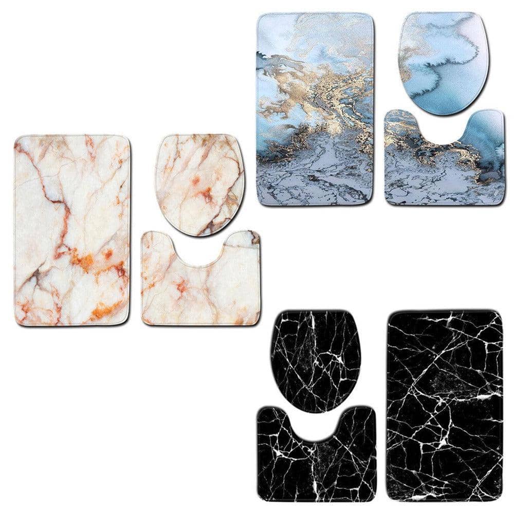3 Piece Anti-Slip Bathroom Mat Set with Toilet Lid Cover - White and Orange Marble - view 3