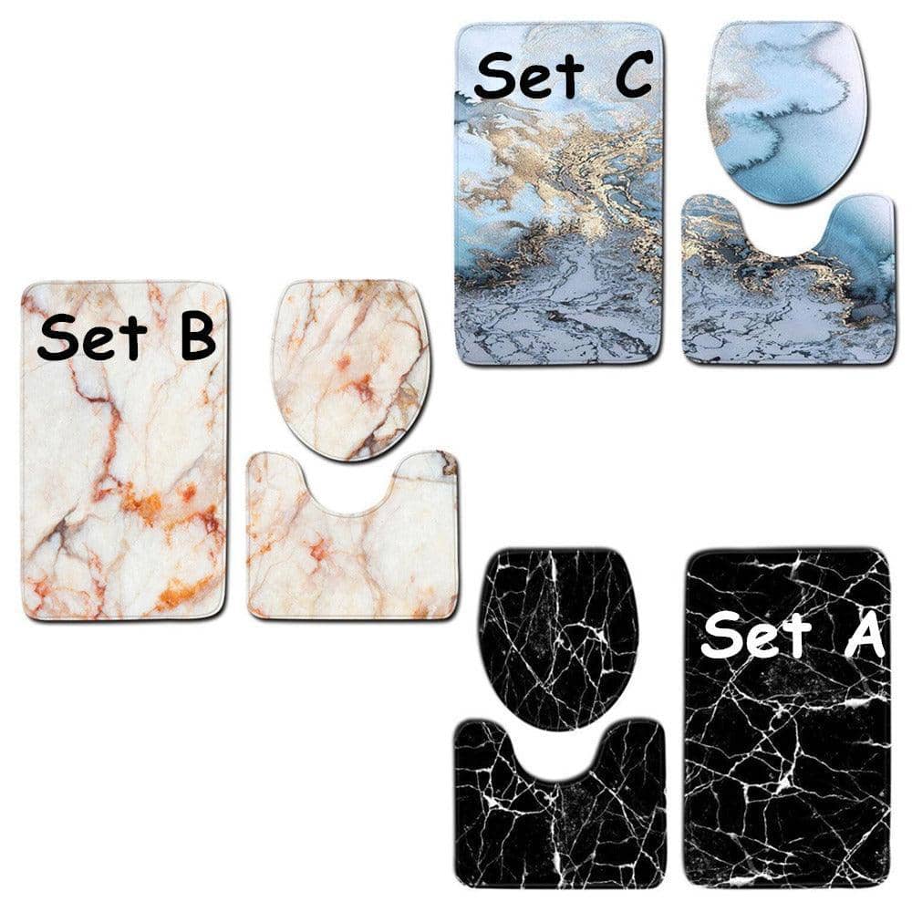 3 Piece Anti-Slip Bathroom Mat Set with Toilet Lid Cover - White and Orange Marble - view 5
