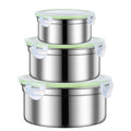 3 Piece Stainless Steel Sealed Crisper Storage Box Set with Lid - Green Lid