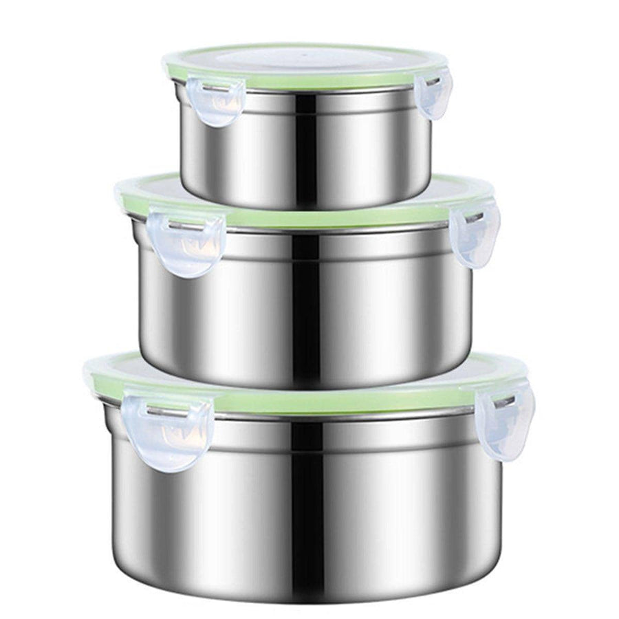 3 Piece Stainless Steel Sealed Crisper Storage Box Set with Lid - Green Lid