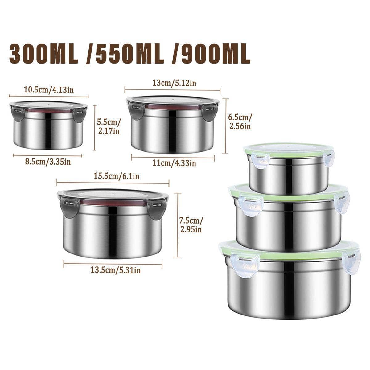 3 Piece Stainless Steel Sealed Crisper Storage Box Set with Lid - Green Lid - view 4