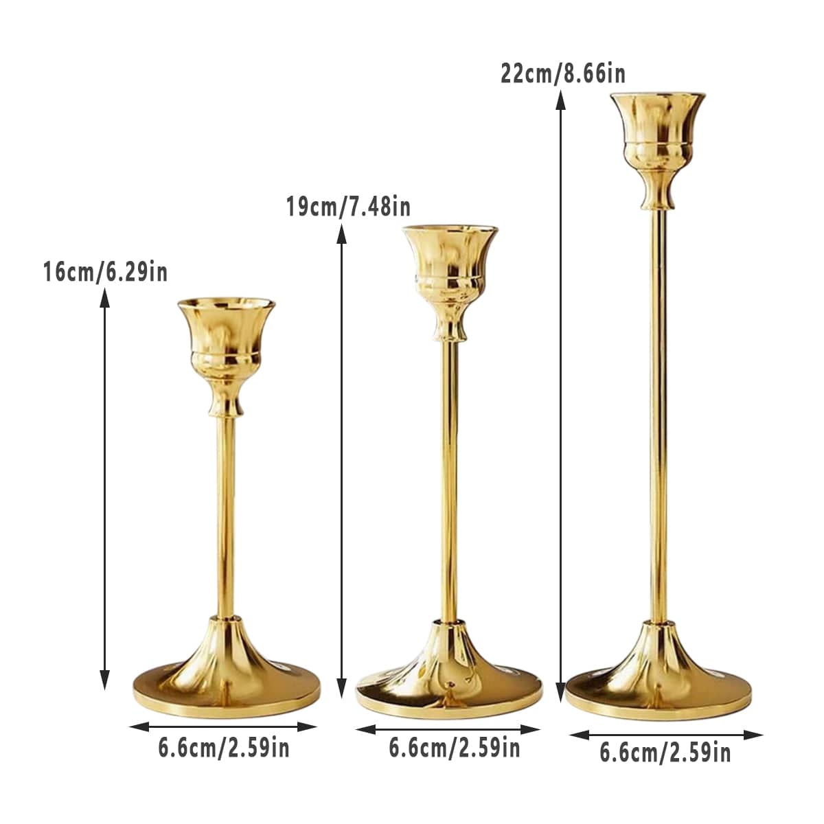 3 Piece Vintage Gold Metal Candlestick Set with Different Heights - view 3