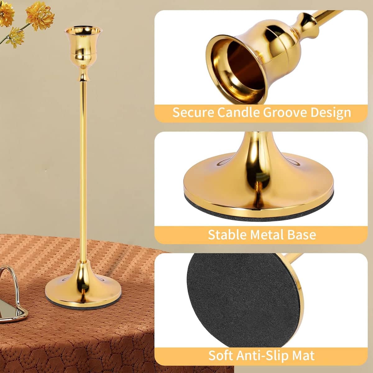 3 Piece Vintage Gold Metal Candlestick Set with Different Heights - view 4