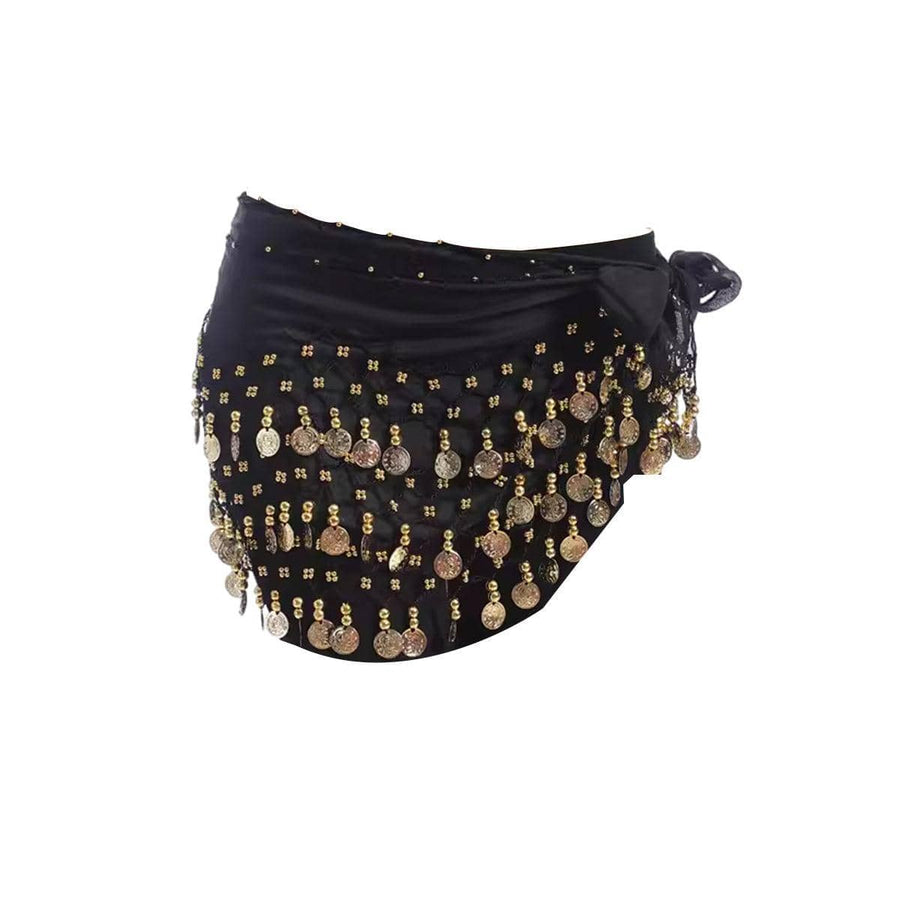 3-Row Belly Dance Hip Scarf with 98 Gold-Tone Coins - Black