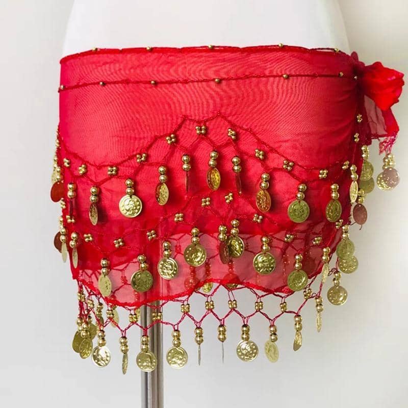 3-Row Belly Dance Hip Scarf with 98 Gold-Tone Coins - Hot Pink - view 4