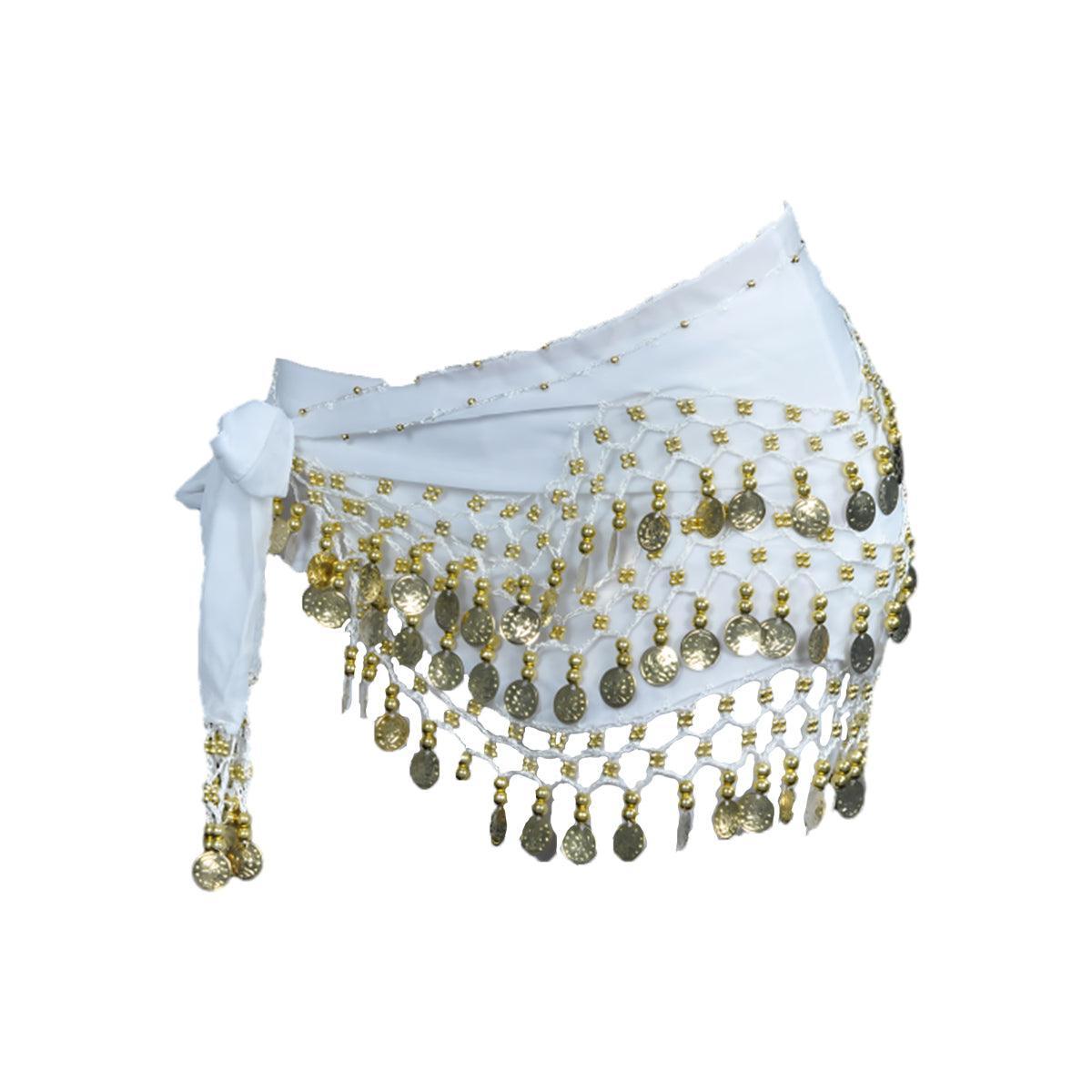 3-Row Belly Dance Hip Scarf with 98 Gold-Tone Coins - White