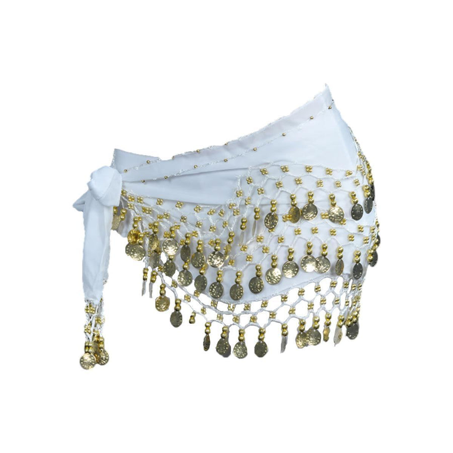3-Row Belly Dance Hip Scarf with 98 Gold-Tone Coins - White