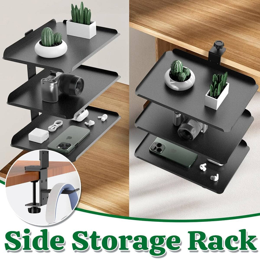 3 Tier Desk Edge Storage Rack - Black Carbon Steel, No-Drill Clamp