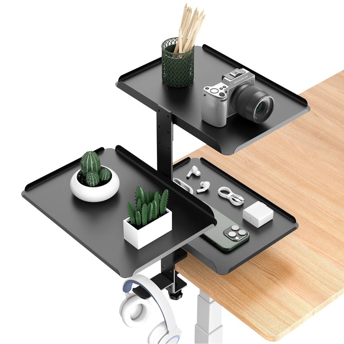 3 Tier Desk Edge Storage Rack - Black Carbon Steel, No-Drill Clamp - view 2