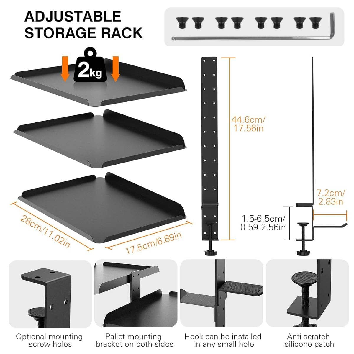 3 Tier Desk Edge Storage Rack - Black Carbon Steel, No-Drill Clamp - view 3