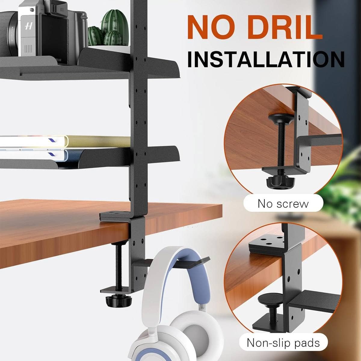 3 Tier Desk Edge Storage Rack - Black Carbon Steel, No-Drill Clamp - view 5