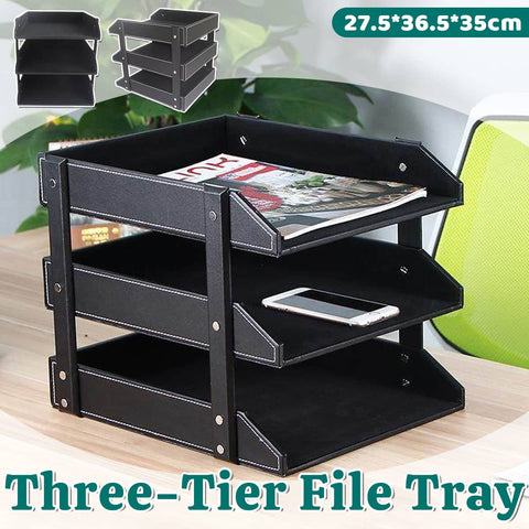 3 Tier Faux Leather Desktop File Tray - Black