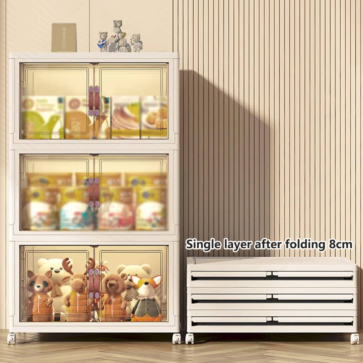 3-Tier Foldable Storage Cabinet with Doors and Wheels - White - view 4