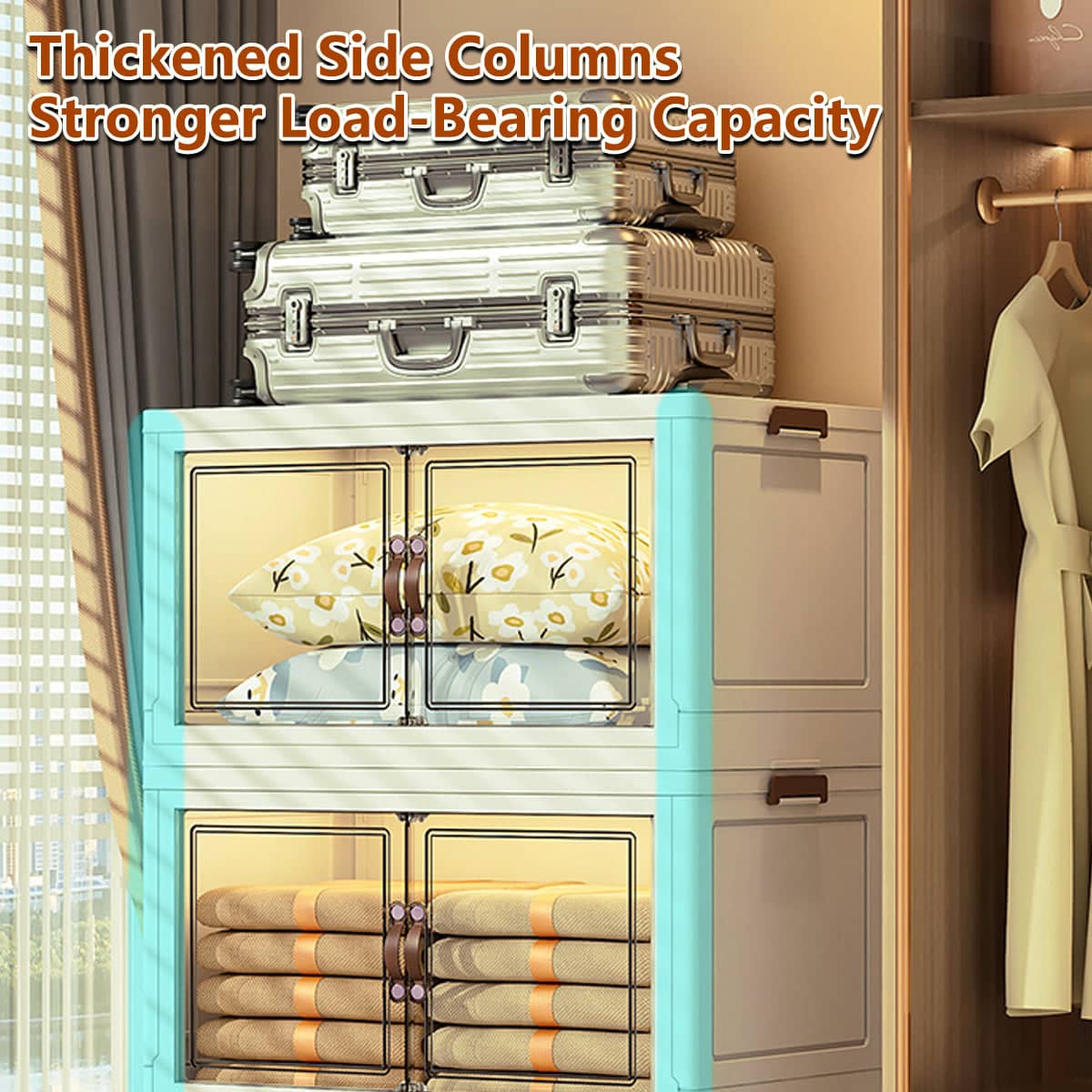3-Tier Foldable Storage Cabinet with Doors and Wheels - White - view 5