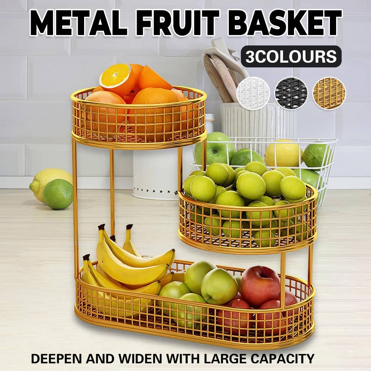 3-Tier Metal Fruit Basket Stand for Kitchen Counter - Gold - view 2