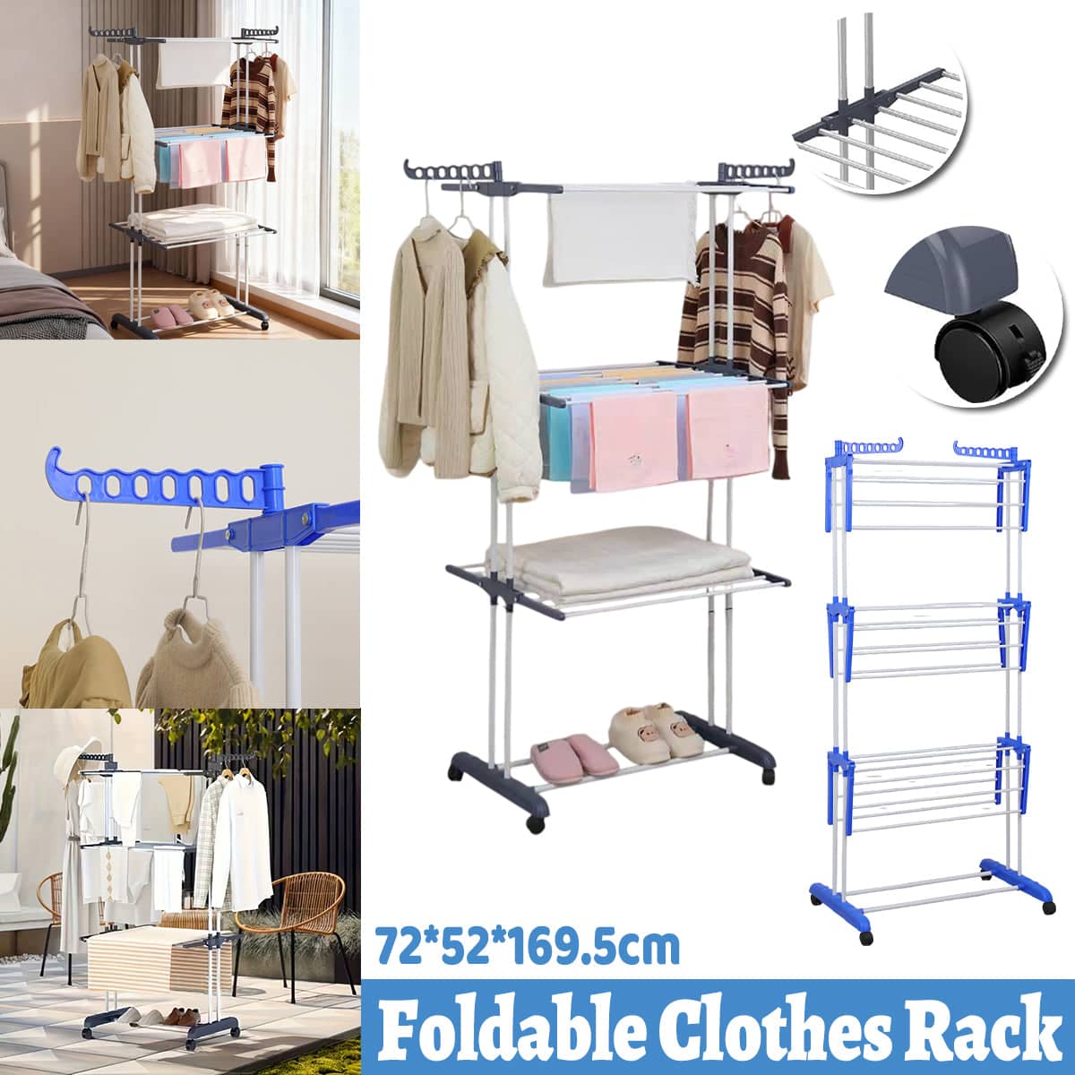 3 Tier Rolling Towel Storage Rack with Wheels Foldable Space Saving - Blue - view 2