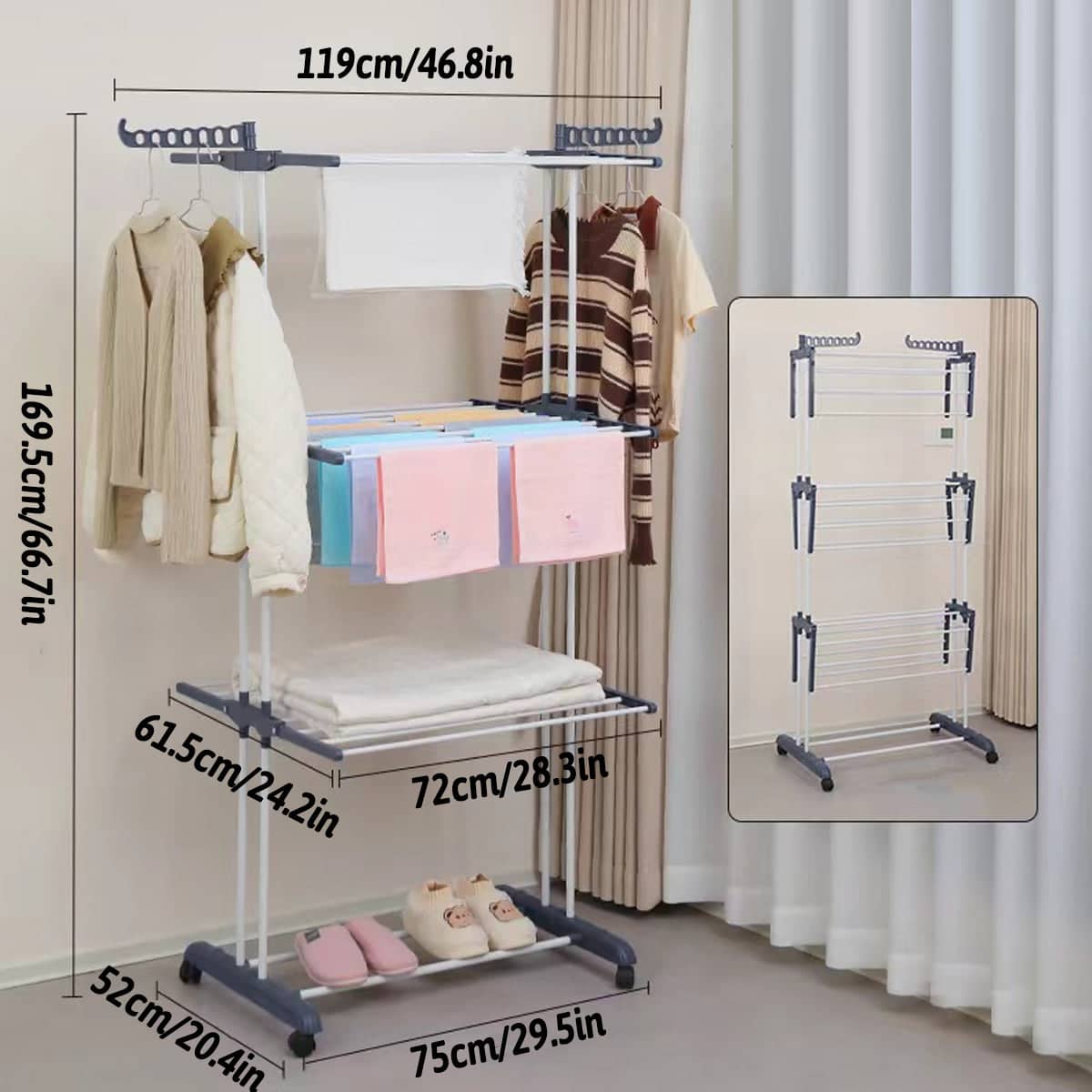 3 Tier Rolling Towel Storage Rack with Wheels Foldable Space Saving - Blue - view 3