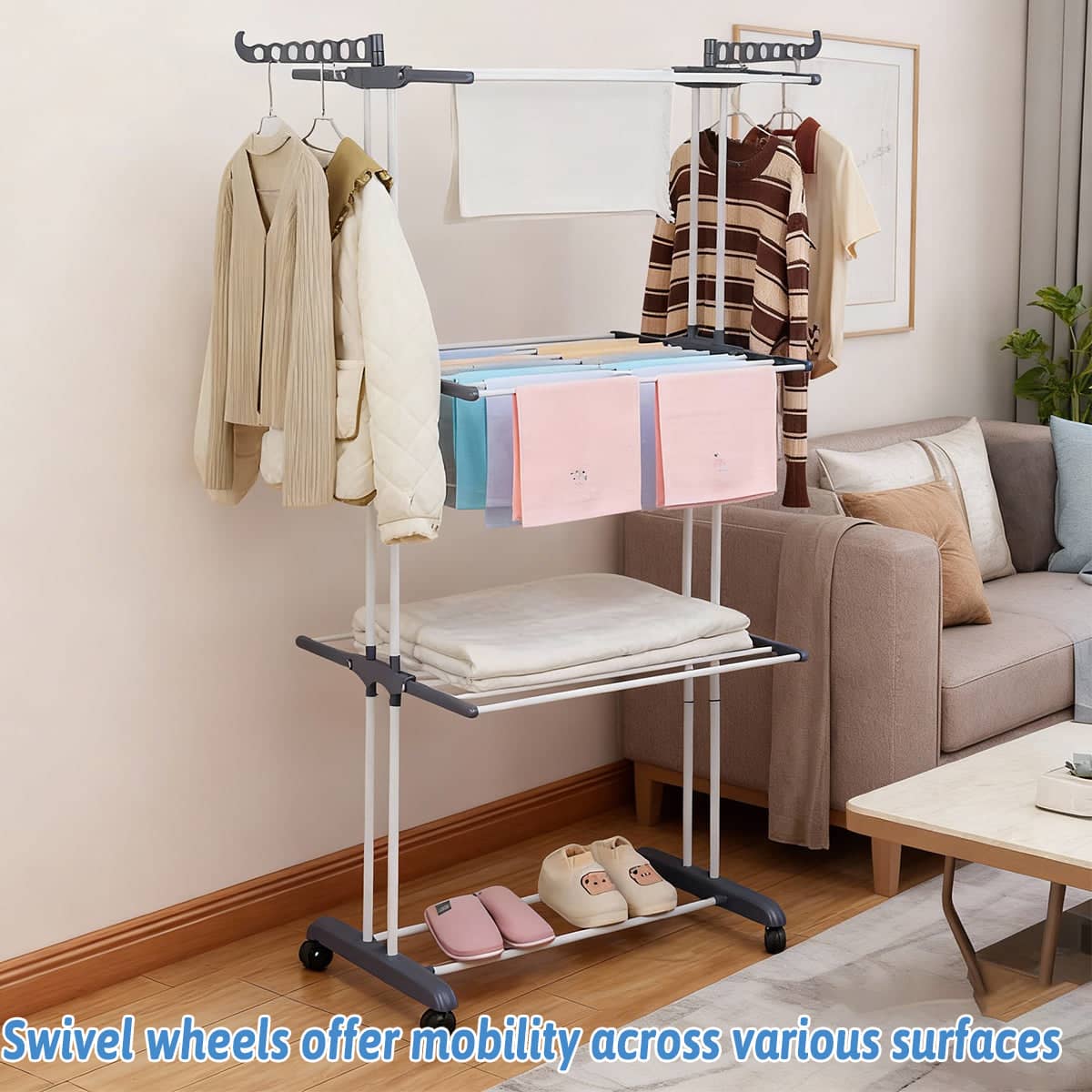 3 Tier Rolling Towel Storage Rack with Wheels Foldable Space Saving - Blue - view 4