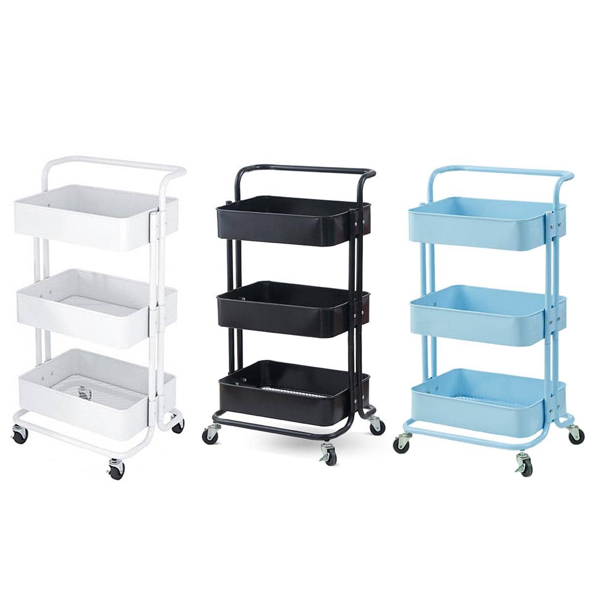 3 Tier Rolling Trolley Shelf Organiser with Wheels and Removable Trays - Blue - view 3