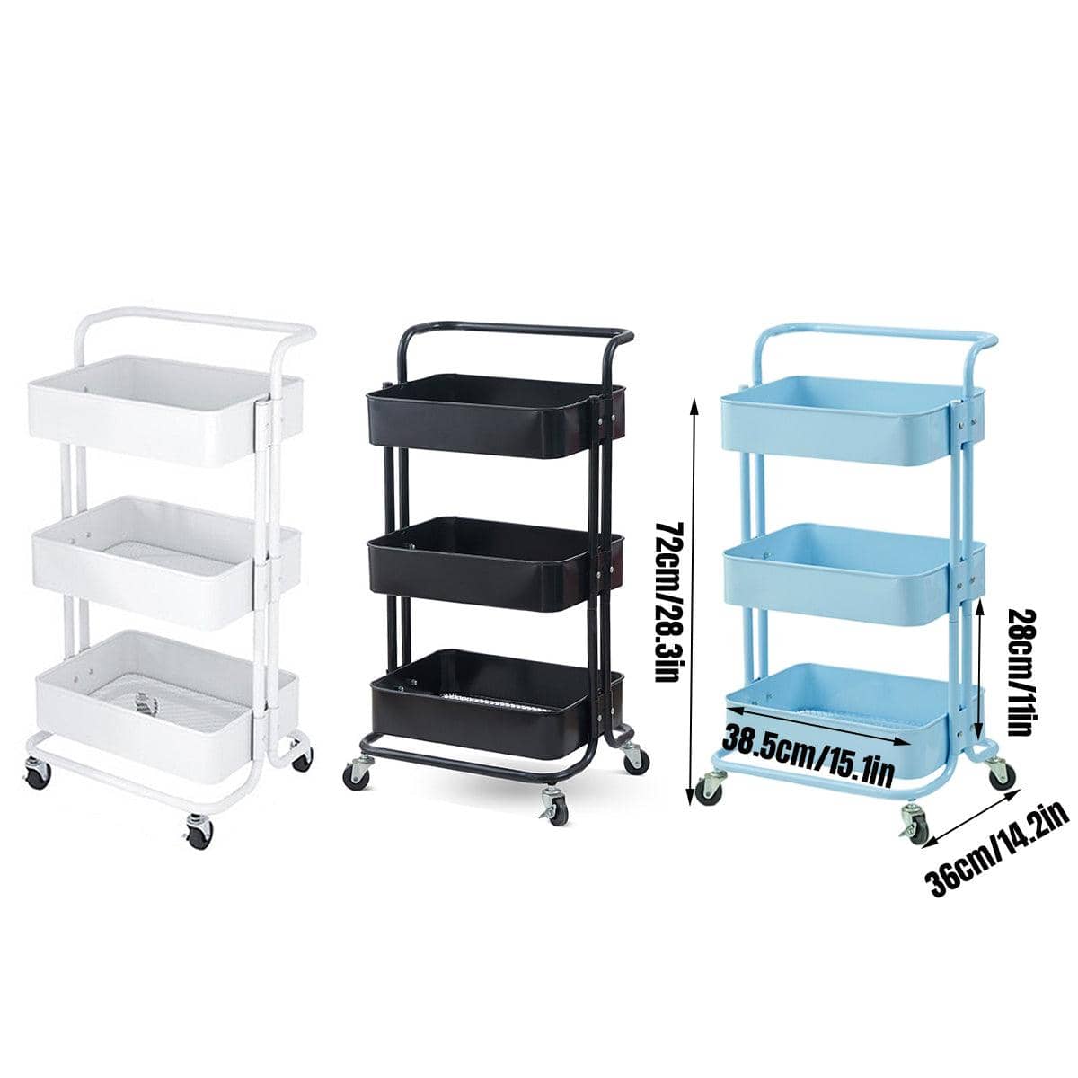 3 Tier Rolling Trolley Shelf Organiser with Wheels and Removable Trays - Blue - view 4