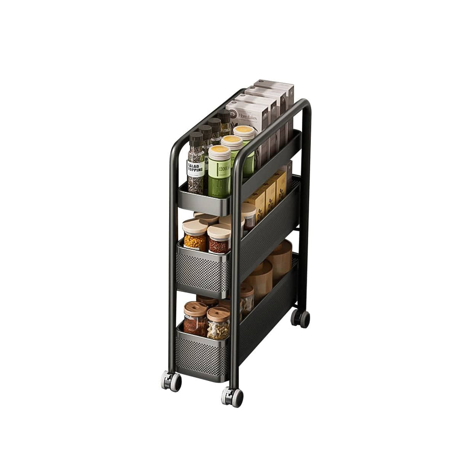 3-Tier Slim Pull-Out Kitchen Storage Trolley, 15 cm Wide on Wheels - Black
