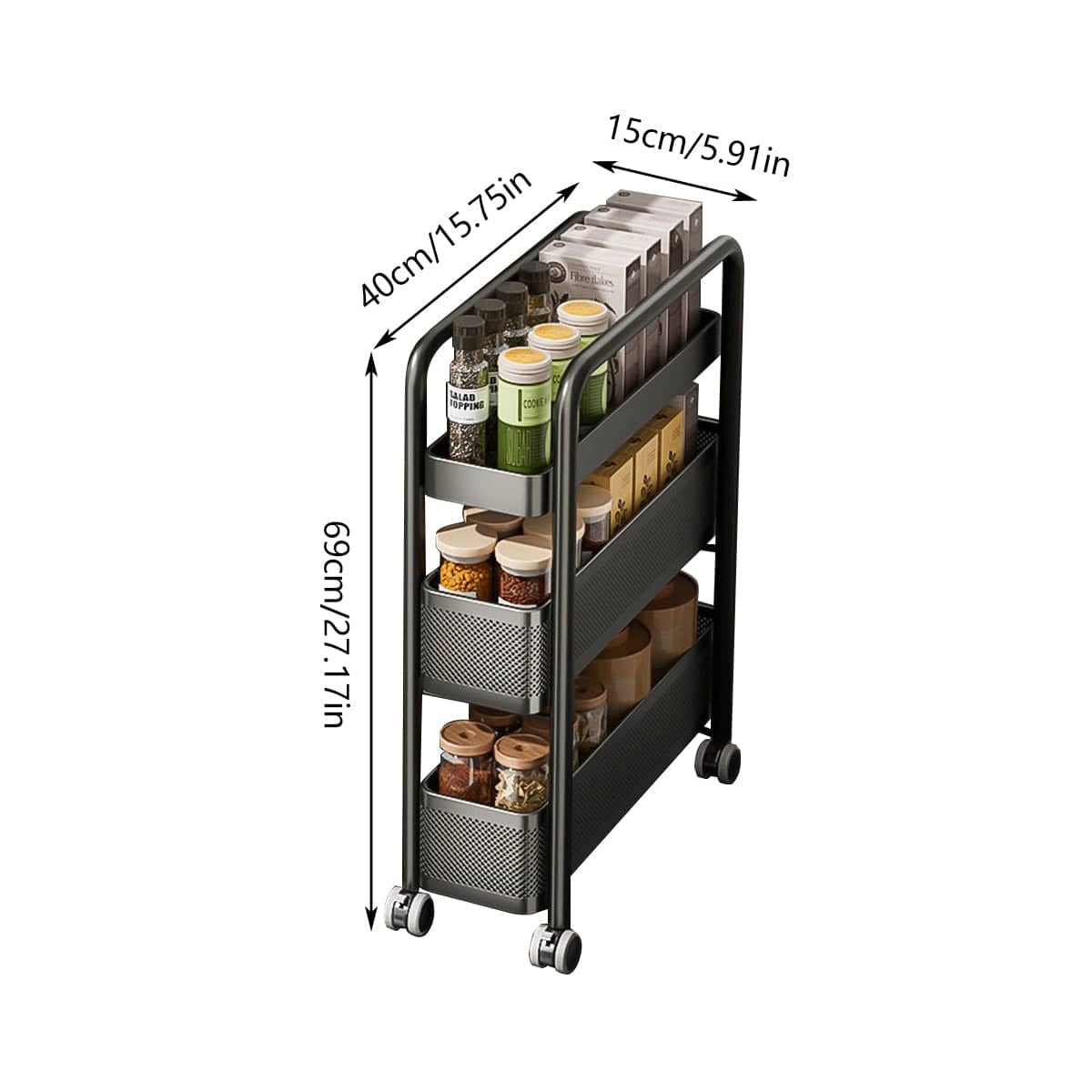 3-Tier Slim Pull-Out Kitchen Storage Trolley, 15 cm Wide on Wheels - Black - view 4