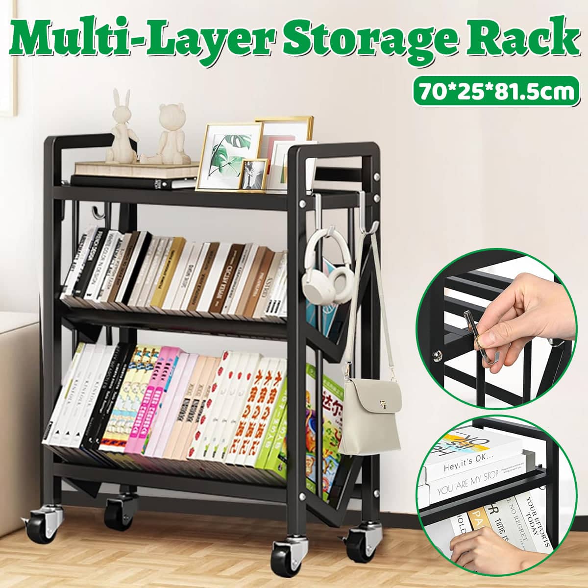 3-Tier Steel Storage Rack with Wheels, Rolling Mobile Shelf, Black