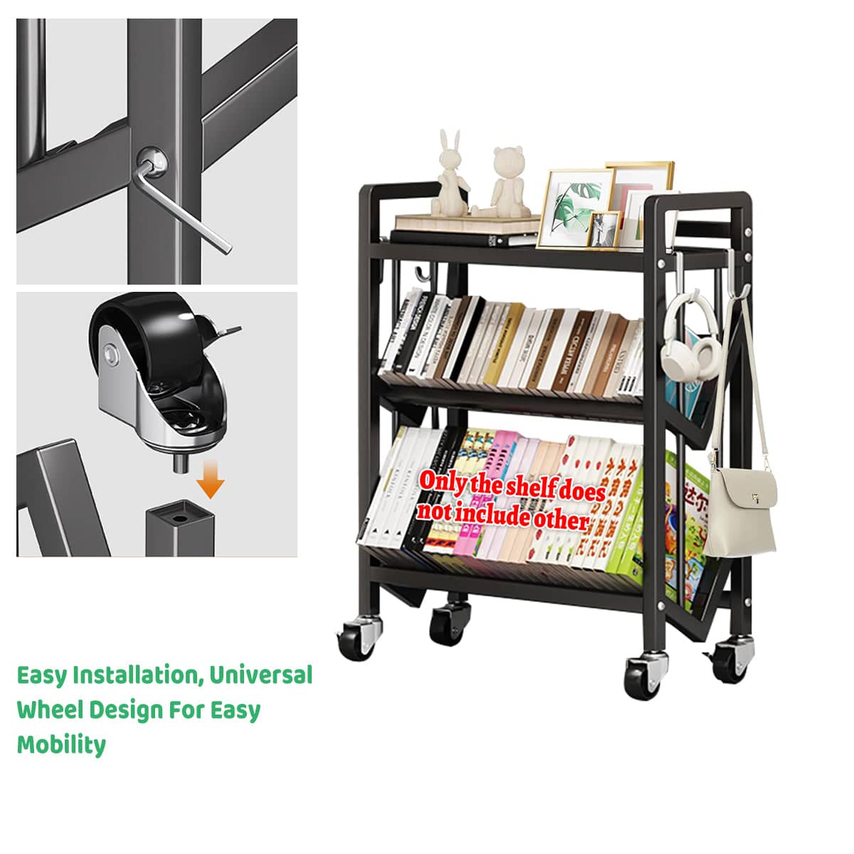 3-Tier Steel Storage Rack with Wheels, Rolling Mobile Shelf, Black - view 4