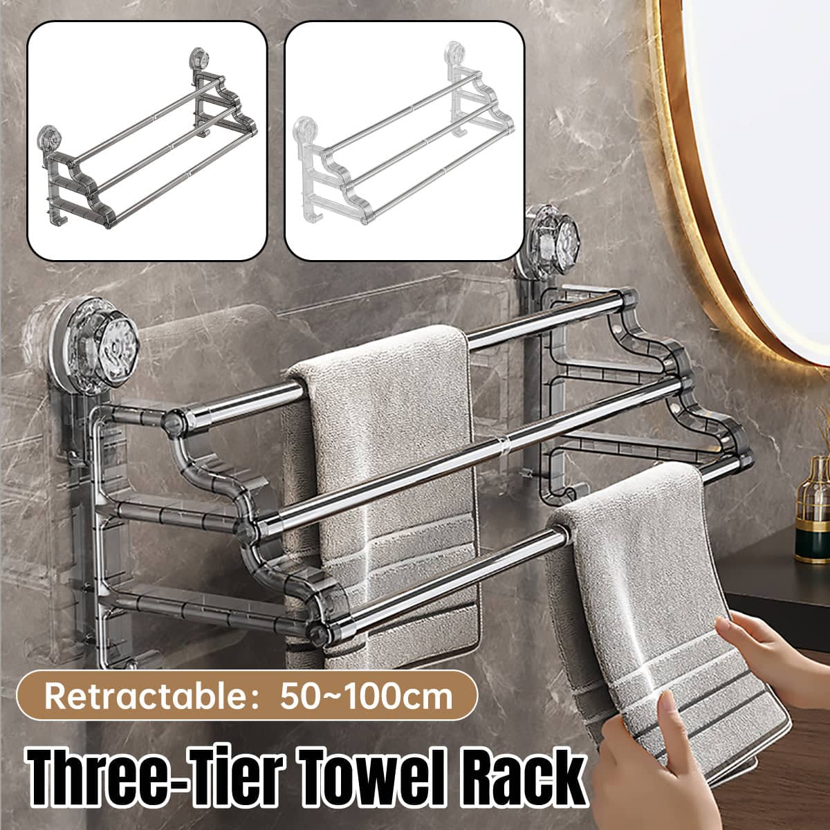 3 Tier Towel Rack No Drill Installation Wall Mounted Rustproof Space Saving - Grey - view 2