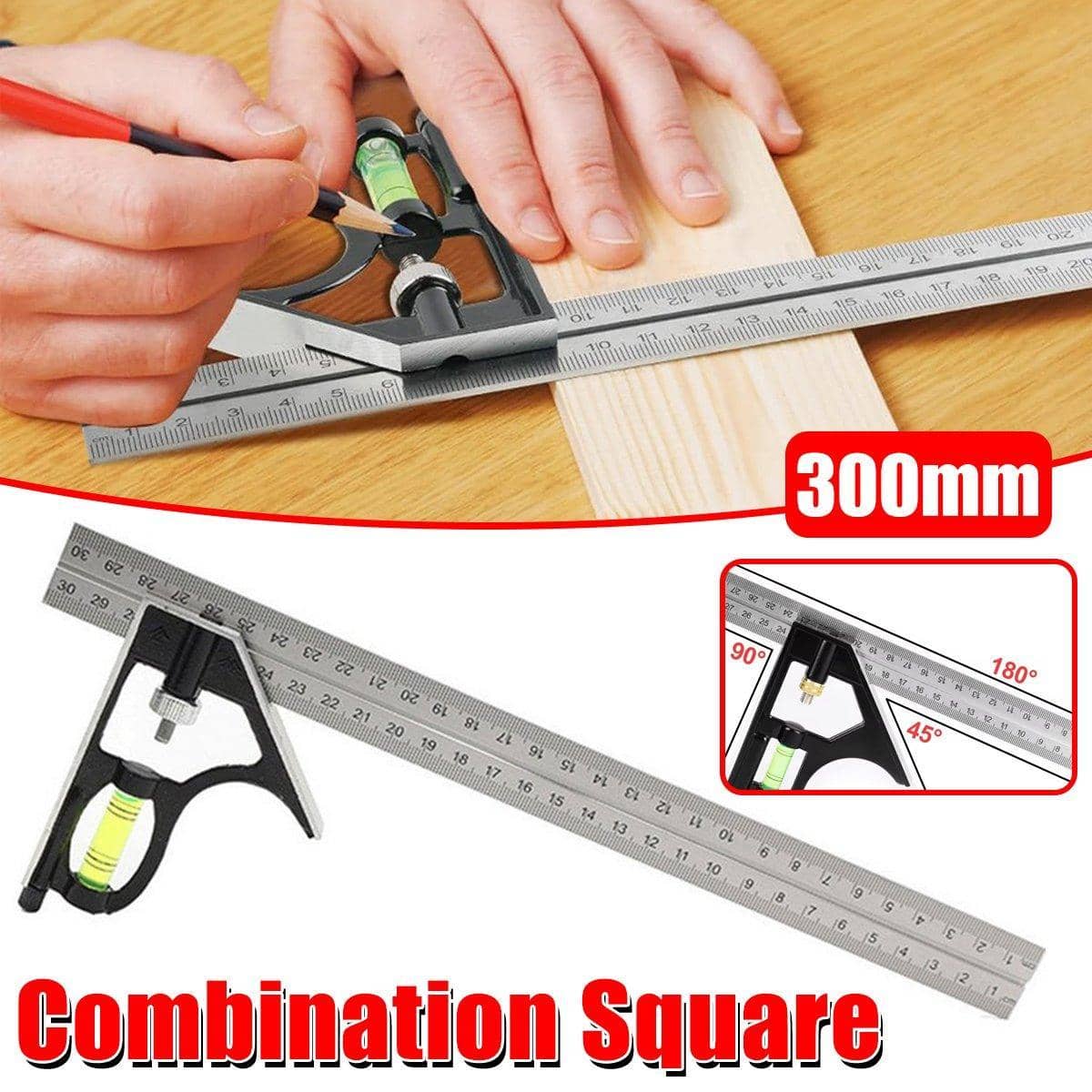 300mm Adjustable Combination Square with Level Bubble and Scribe