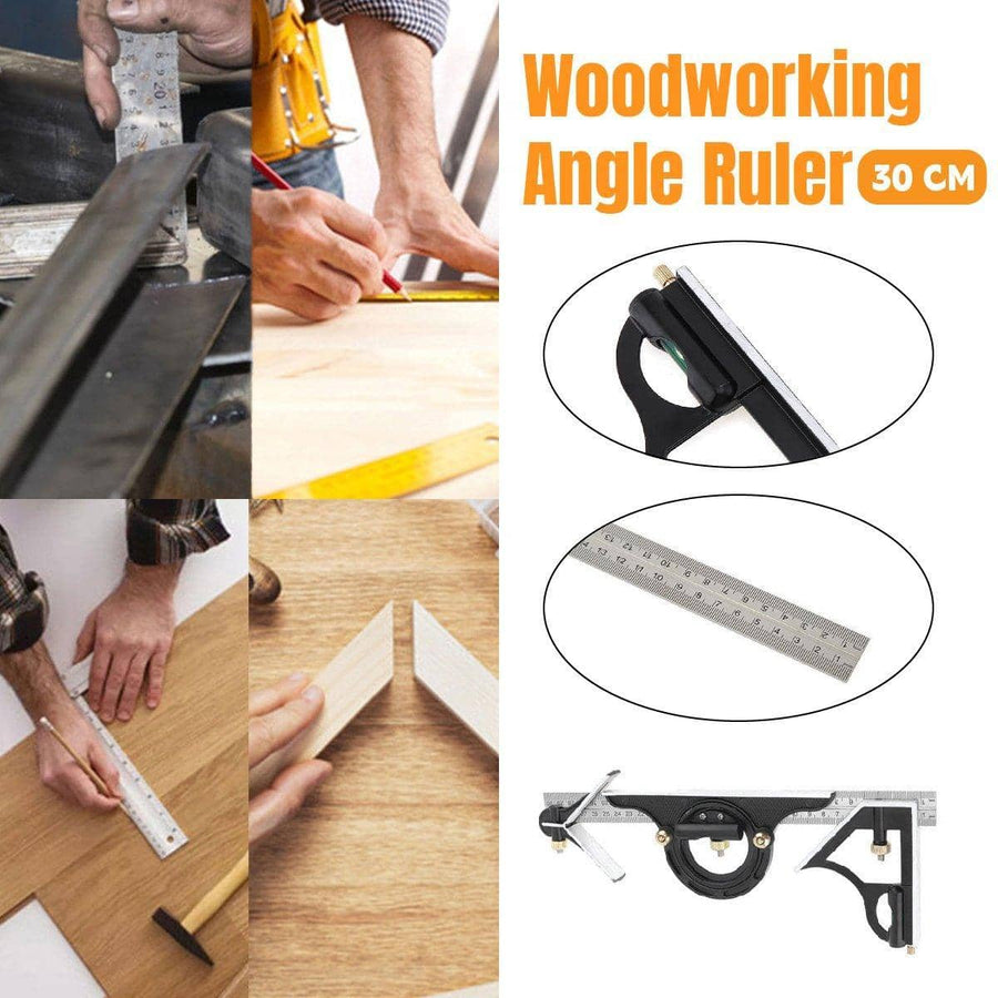 300mm Multifunctional Angle Ruler with 180 Degree Protractor and Level - Stainless Steel