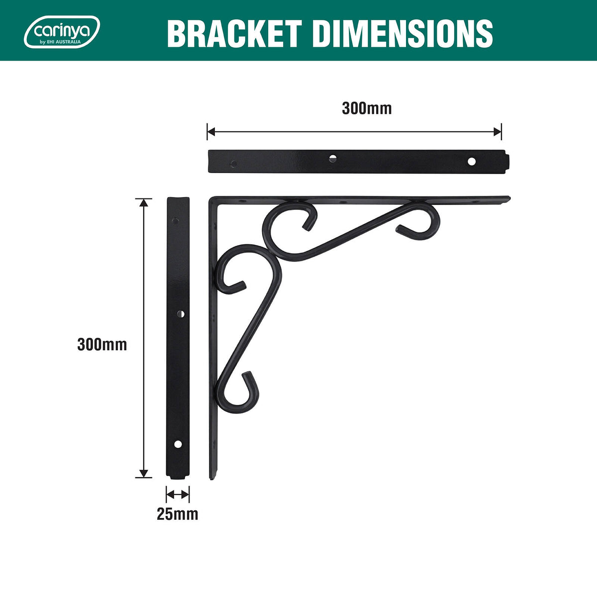 Carinya 300 x 300mm Dark Grey Powder Coated Steel Heavy Duty Scroll Stay Bracket, 200kg