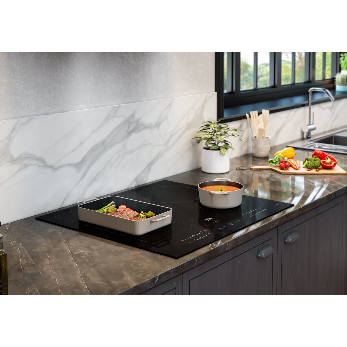 Beko 60cm Induction Cooktop - Black Glass, IndyFlex Zone, Direct Access Control, Booster - BCT601IGN