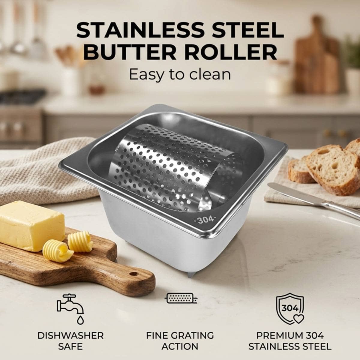 304 Stainless Steel Butter Roller with Collection Tray for Kitchens