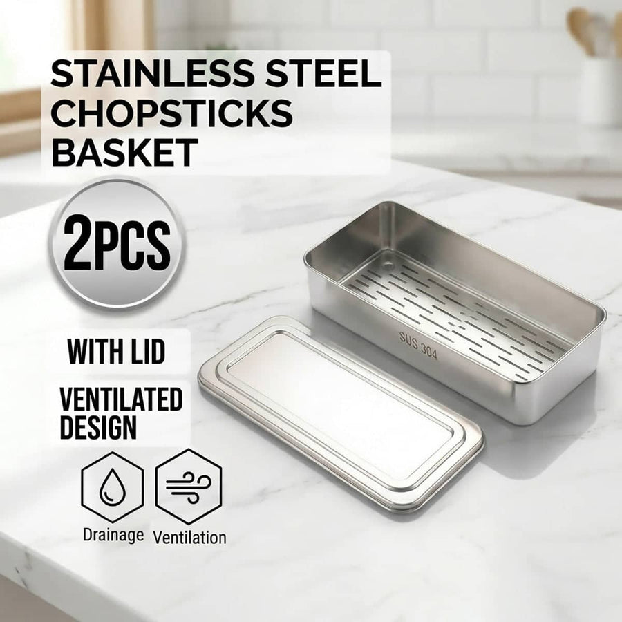 304 Stainless Steel Chopstick Baskets with Lids Set of 2 Ventilated