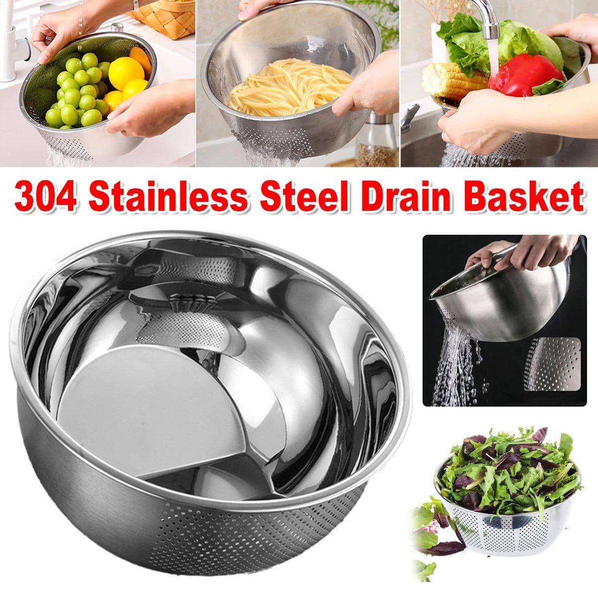 304 Stainless Steel Drain Basket for Rice, Vegetables and Fruit Washing