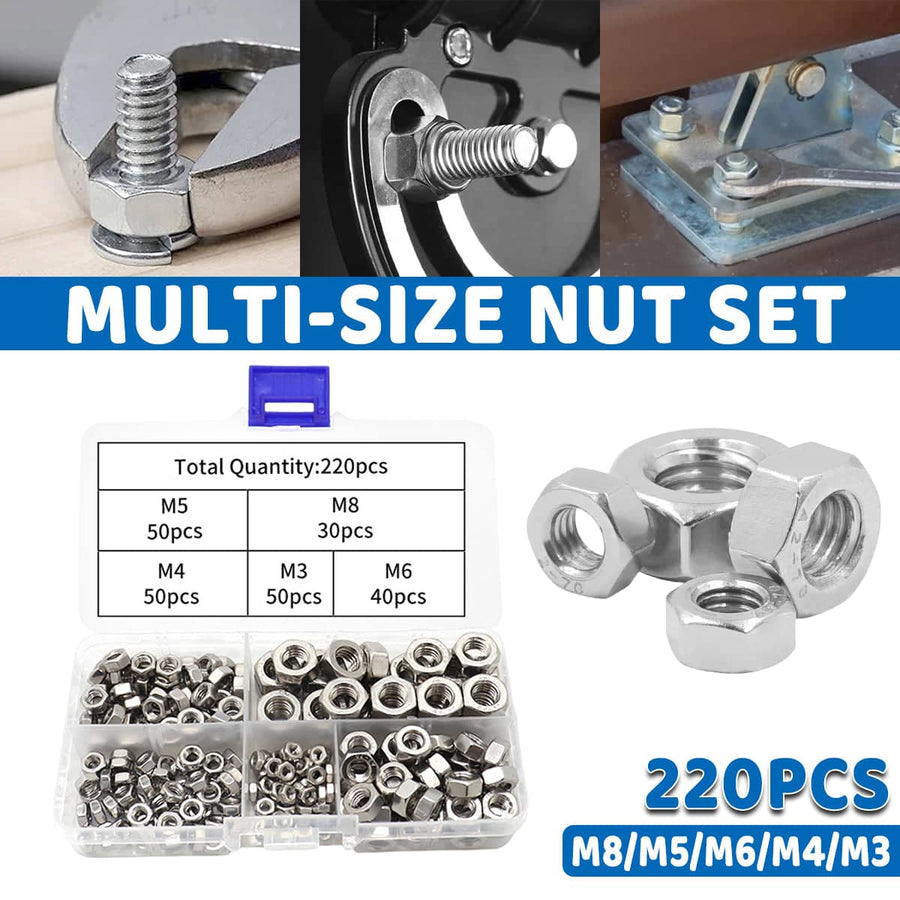 304 Stainless Steel Hex Nut Assortment Kit, 220 Pieces - Metric M3 to M8