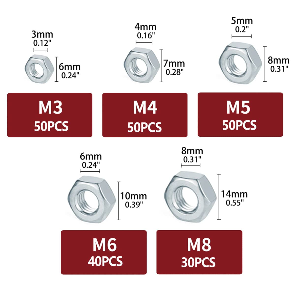 304 Stainless Steel Hex Nut Assortment Kit, 220 Pieces - Metric M3 to M8 - view 3