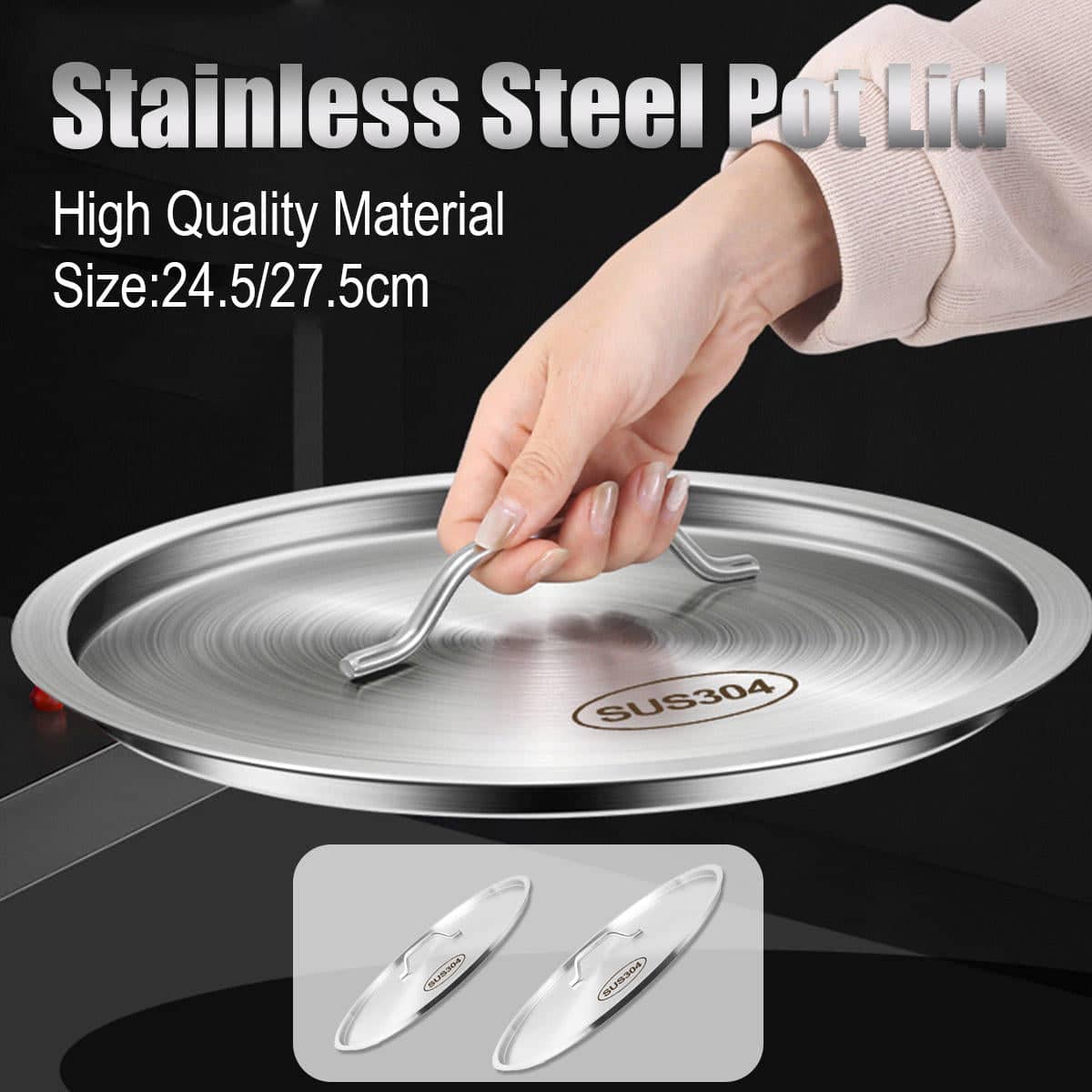 304 Stainless Steel Pot Lid Universal Round Soup Bucket Cover with Handle - 27.5 cm - view 2