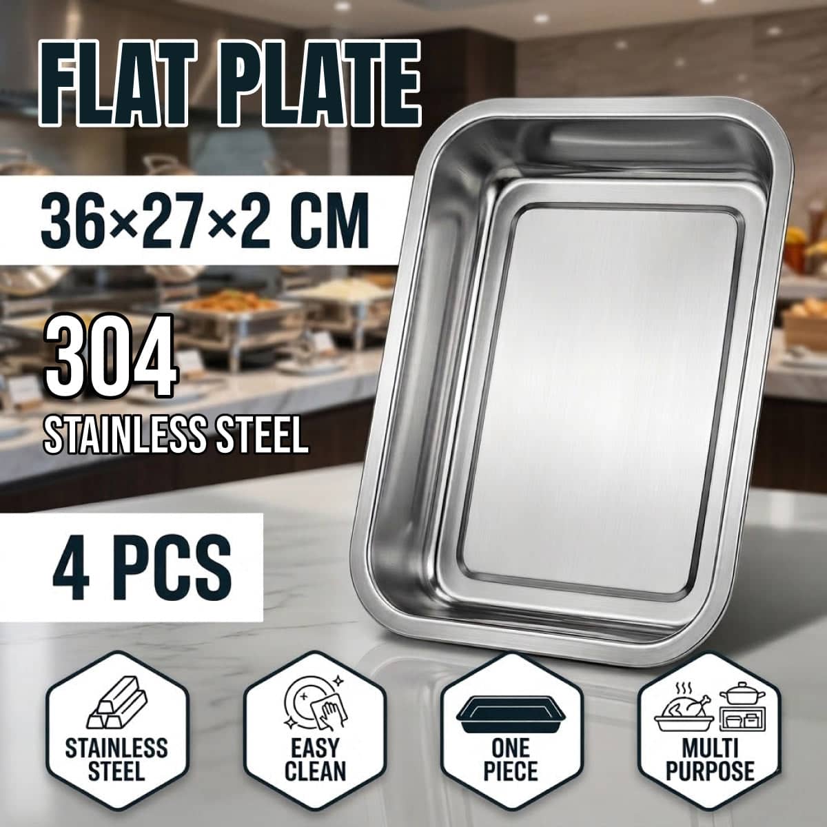 304 Stainless Steel Rectangular Trays 36 x 27 cm Set of 4