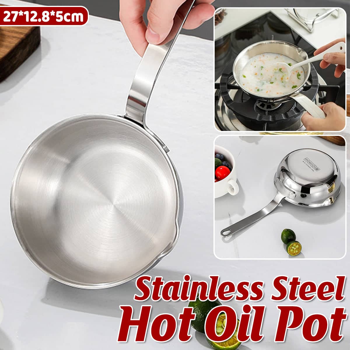 304 Stainless Steel Small Oil Pan with Spout, Oil Splatter Reducing Frying Pan