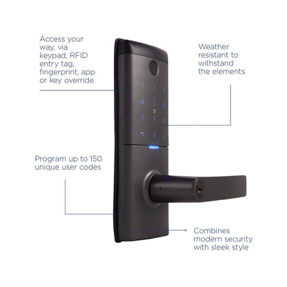 Gainsborough Mode Smart Entrance Lever Lock - Graphite - RFID, Fingerprint, Keypad - 115mm x 230mm x 52mm