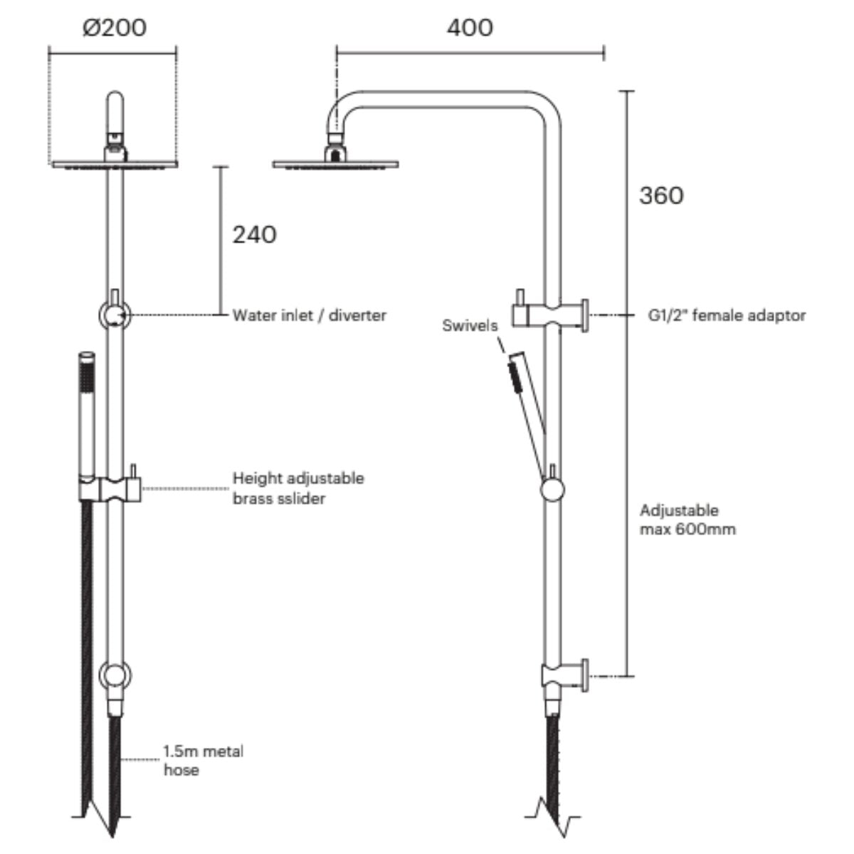 Rogerseller Tonic Baton Dual Rail Shower - Brushed Gold - Brass Baton Hand Piece, 2-Way Diverter - 3506003814