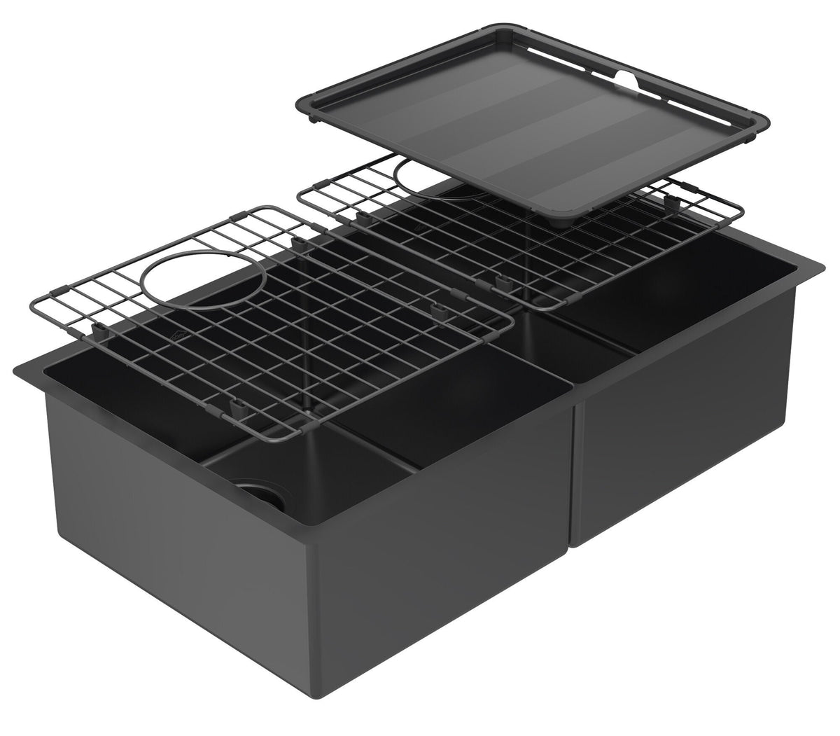Abey Piazza double bowl sink - Black Pearl stainless steel - drain tray and grid - CR340DB