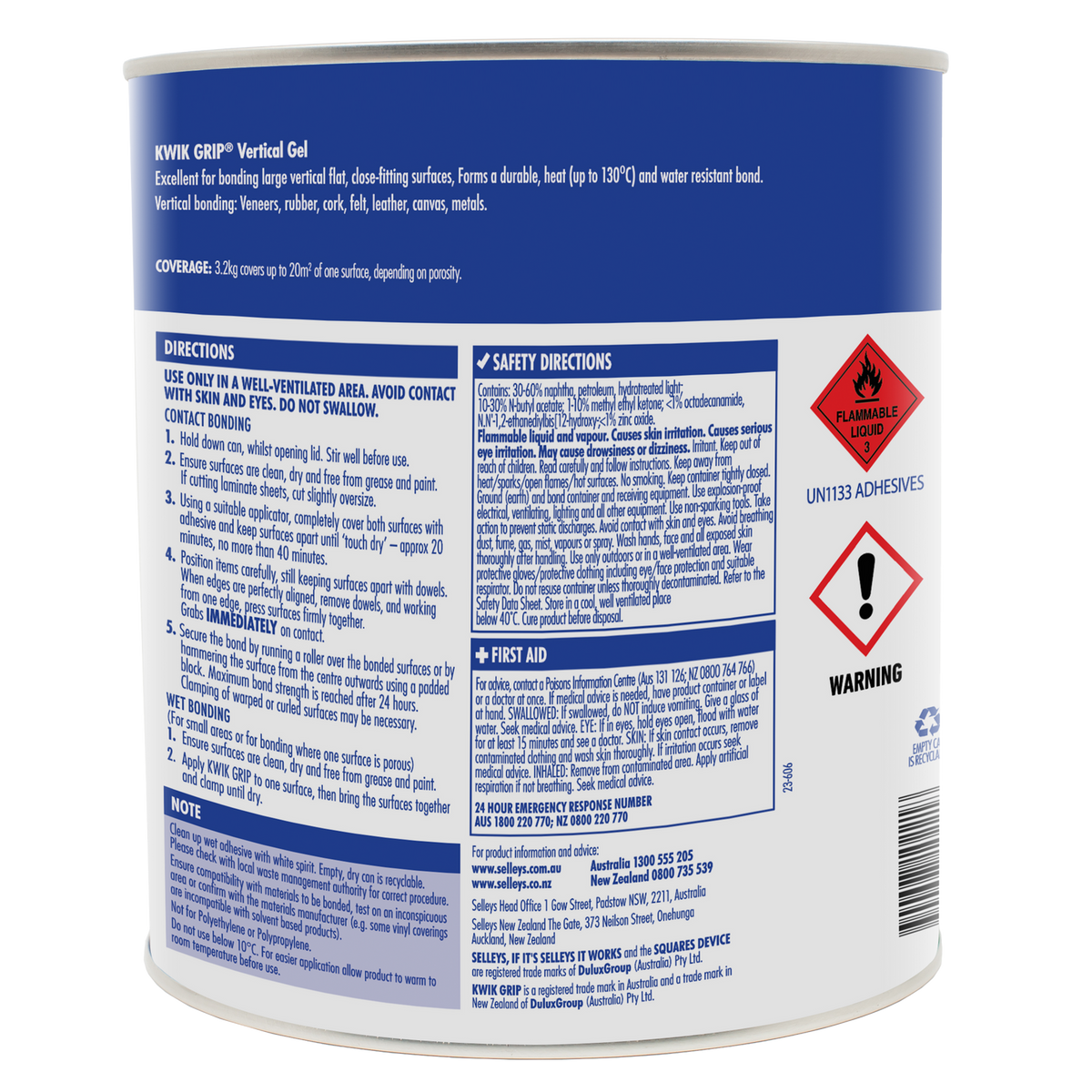 Selleys 3.2kg Kwik Grip Gel Vertical Contact Adhesive - Solvent-Based, Non-Run