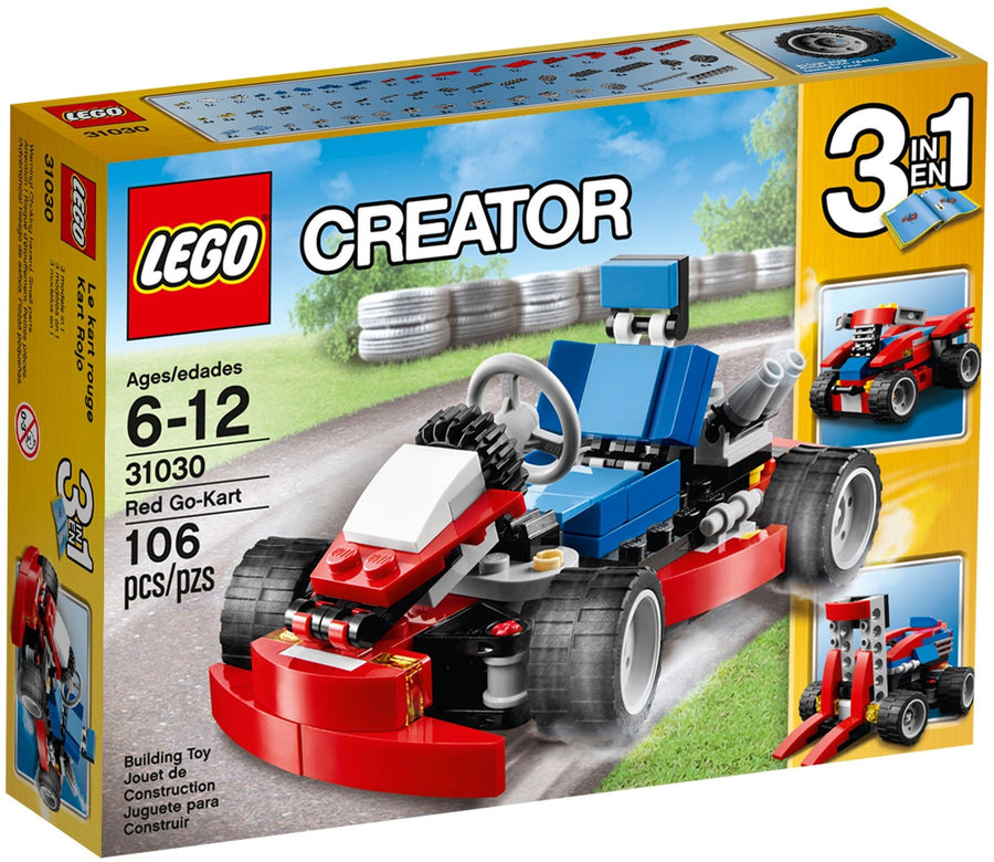 LEGO Creator Red Go-Kart set packaging with images of the vehicle and text on a yellow background