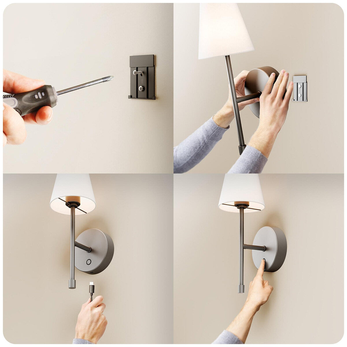 Globe LED Wall Sconce Wireless Light 2 Pack, Black Finish, 250 Lumens, 2700K, 3 Step Dimmer, USB-C Charging - Ideal for Apartments & Dorm Rooms