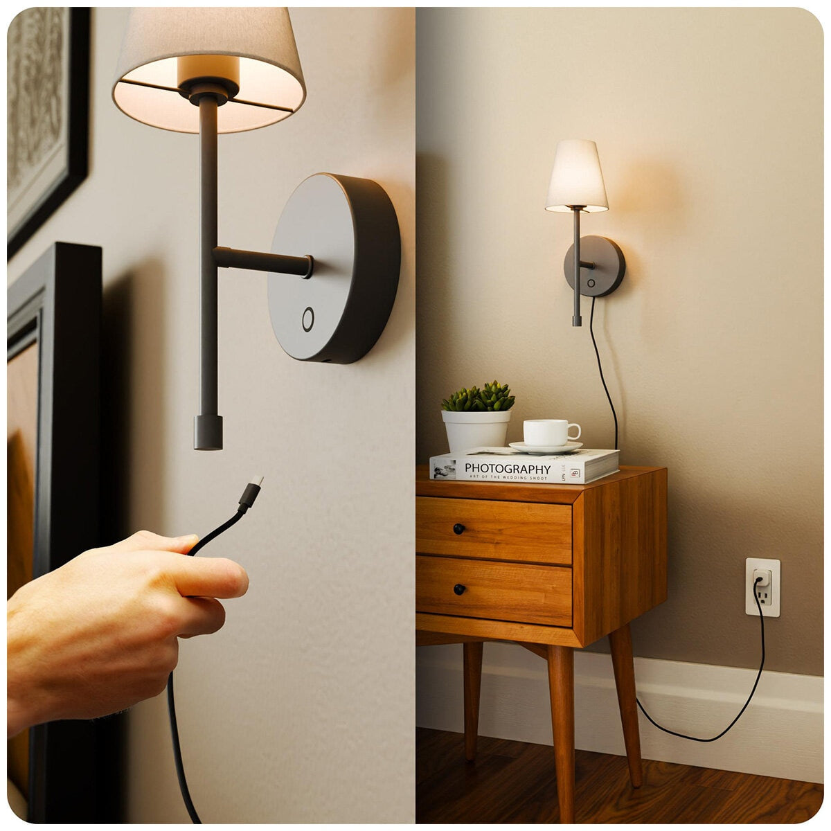 Globe LED Wall Sconce Wireless Light 2 Pack, Black Finish, 250 Lumens, 2700K, 3 Step Dimmer, USB-C Charging - Ideal for Apartments & Dorm Rooms