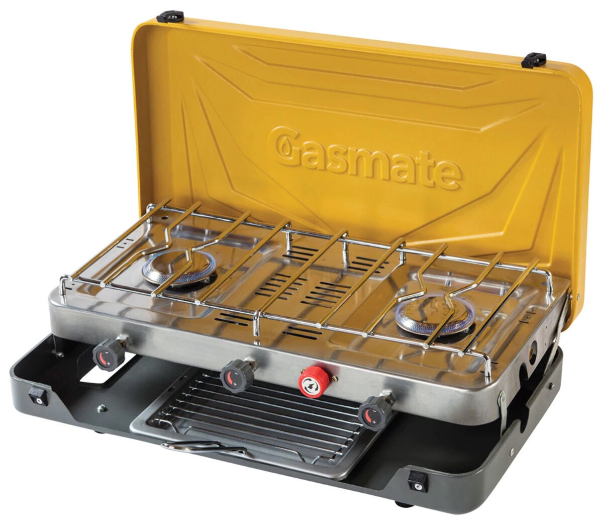 Gasmate 2 burner stove with grill portable LPG BBQ - 23,956 BTU, piezo ignition, carry handle - CS1105